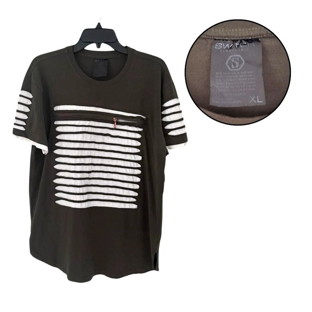 Switch Remarks Men's XL Olive Green Stripe T-Shirt Zipper Pocket Streetwear Tee